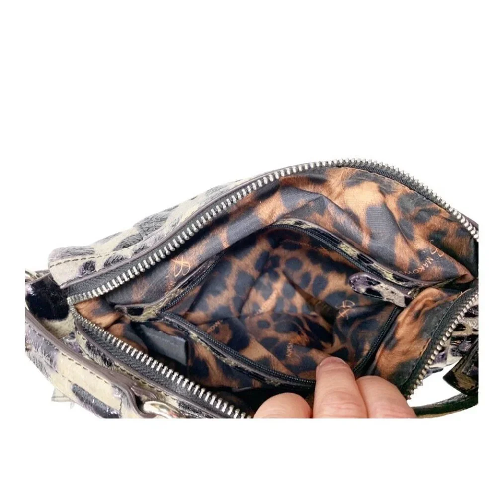 B. Makowsky Shiny Leopard Print Genuine Leather Satchel Handbag Purse - Picture 10 of 16